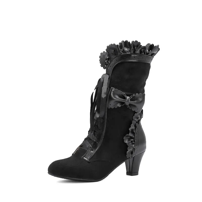 Bow Lace Mid Calf Boots