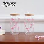 1/2pcs Pink Bow Glass Cup with Bamboo Wood Lid and Straw
