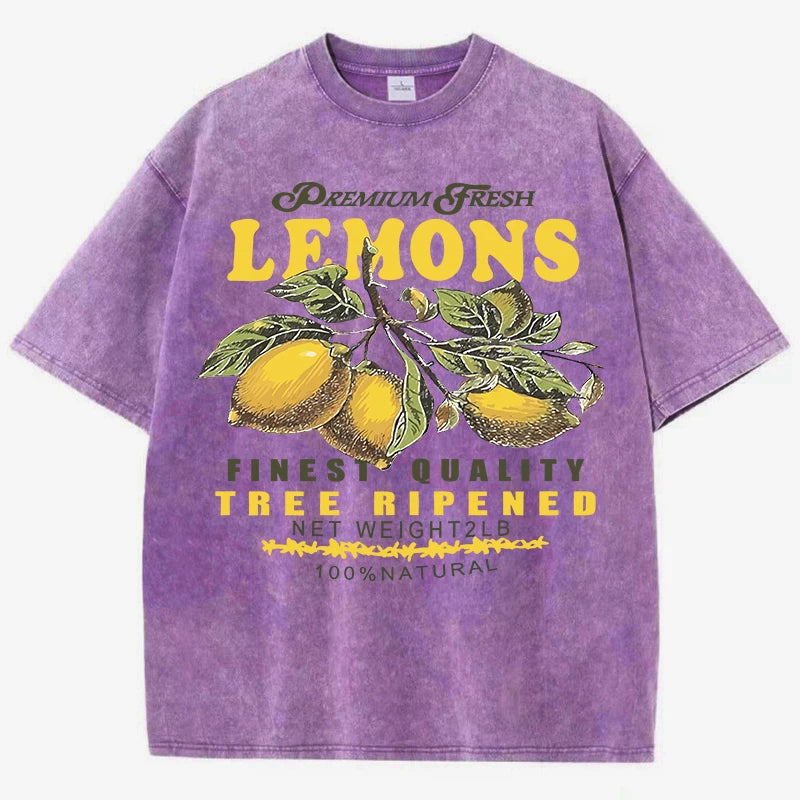 Premium Fresh Lemons Fruit Print Washed T-Shirt