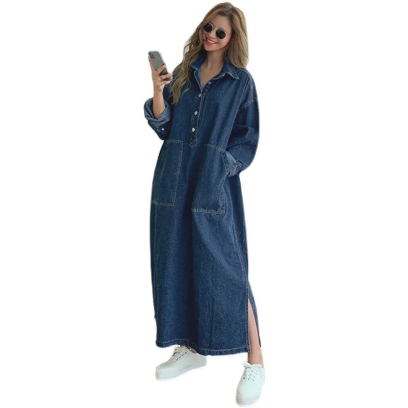 2025 Nuevo vestido vaquero coreano retro suelto de mujer estilo occidental grande, informal, con cuello, abertura, para el trabajo, versátil y que reduce la edad