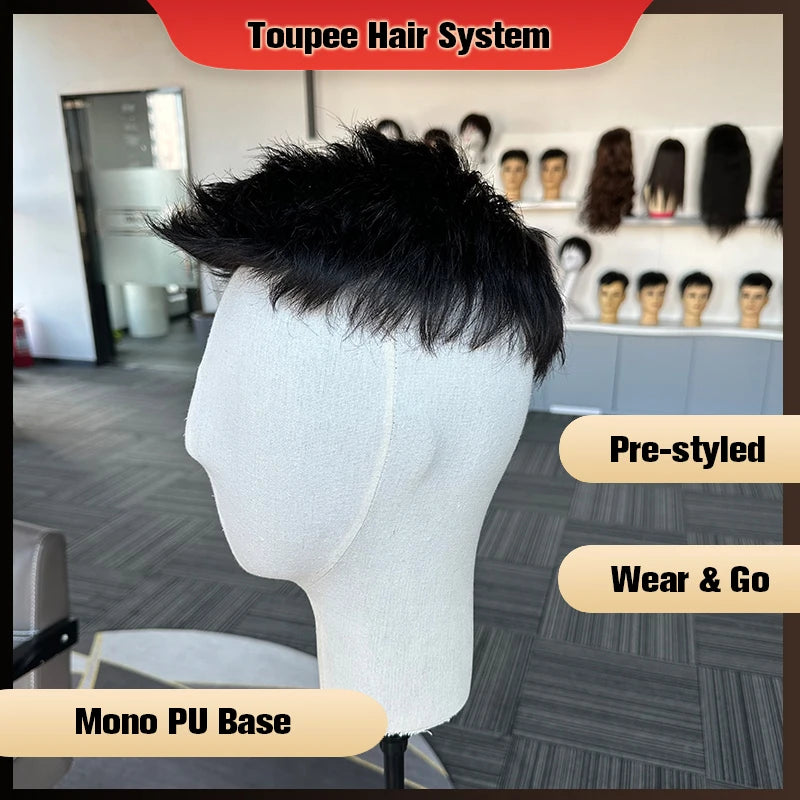Human Hair System Pre-Cut Mono Base Toupee For Men Unit Ready To Wear PU Wigs For Men Durable Male Hair Prosthesis Men's Wigs