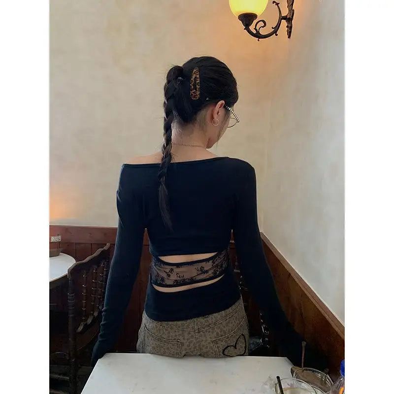 Lace Patchwork Cut-Out Long Sleeve Top
