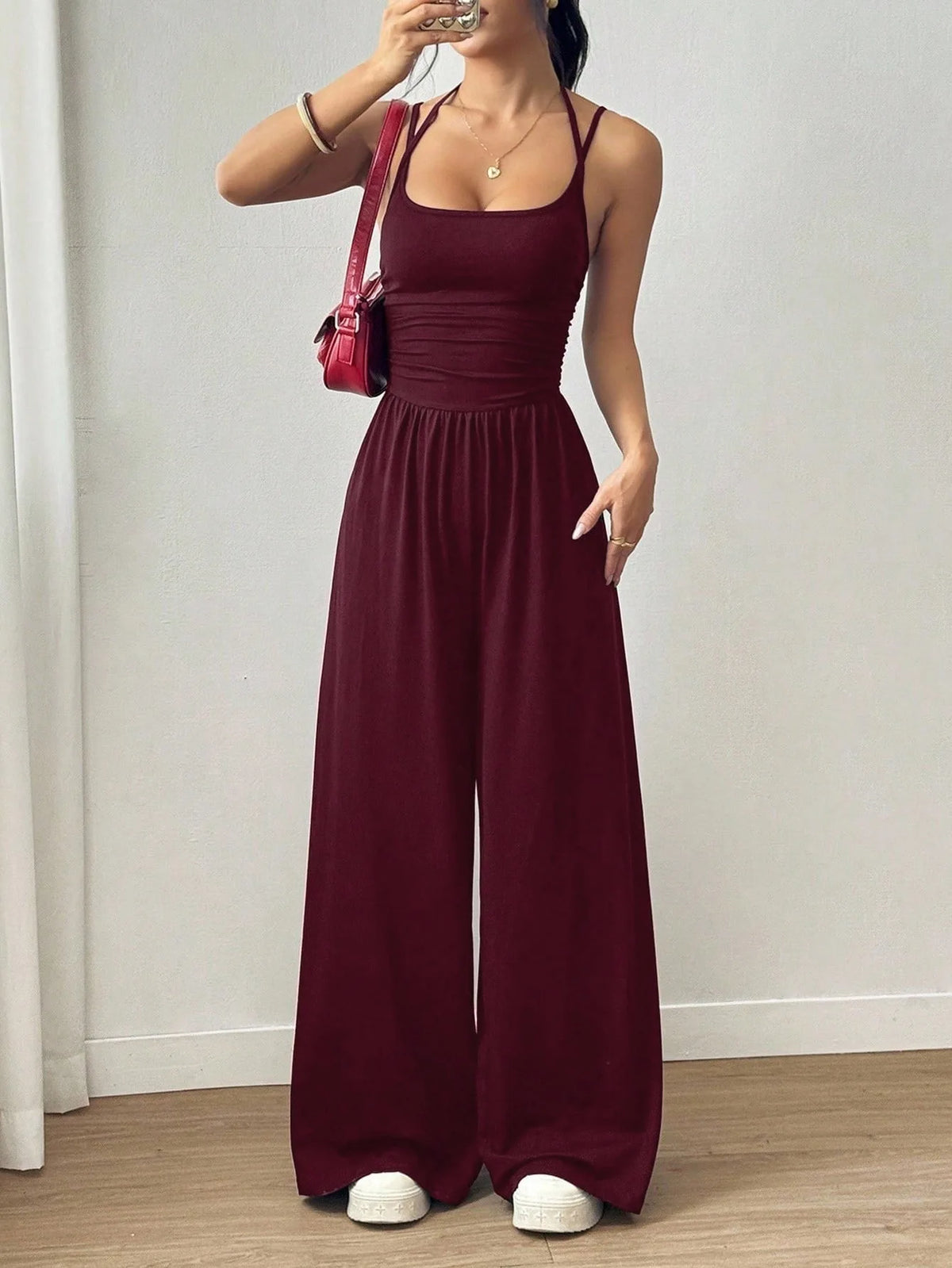 Casual Simple Suspender Sleeveless High Waist Backless Loose Jumpsuit