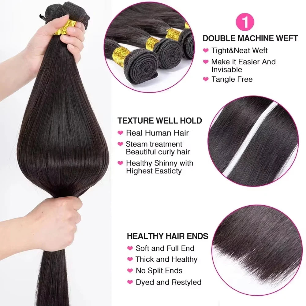 Straight Peruvian Human Hair Bundles With Closure Raw Virgin 3 4 Bundles With 4x4 5x5 HD Lace Closure Weave With 13x4 Frontal