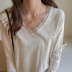 Camiseta Sexy de Encaje con Manga Larga para Mujer, Todo a Juego, Holgada, con Cuello en V, Jersey para Mujer, Primavera Otoño, Blusas Básicas de Color Sólido para Mujer