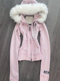Sudadera con capucha de piel sintética rosa estilo Harajuku Y2K para mujer, chaqueta con cuello de piel sintética, moda, cinturón ajustado, sudadera sexy, novedad