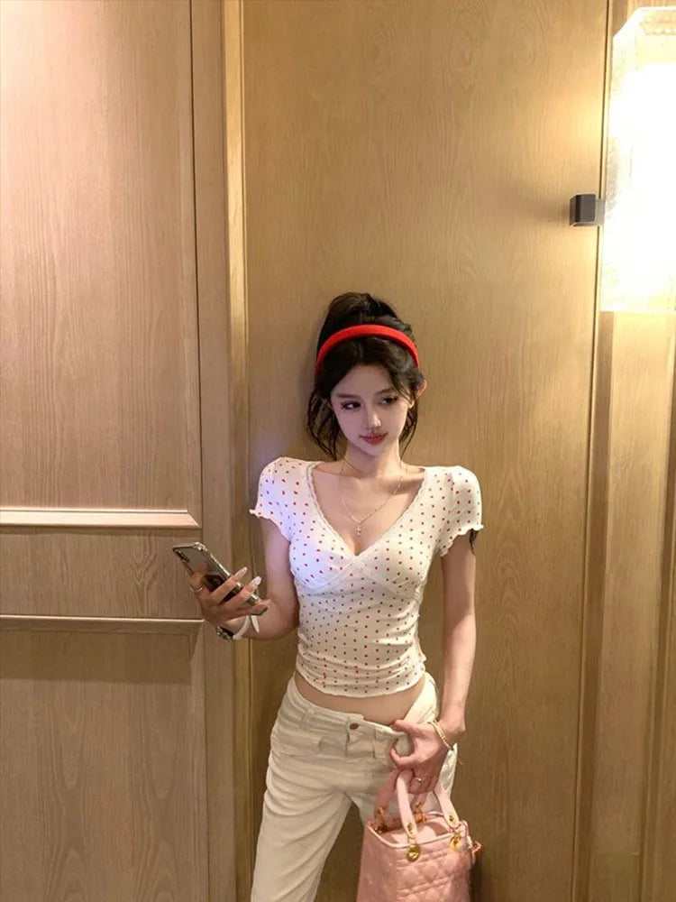 V-neck Lace Stitching Short-sleeved T-shirt
