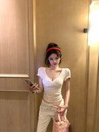 V-neck Lace Stitching Short-sleeved T-shirt