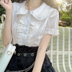 Lace Up Patchwork Ruffles Short Blouse