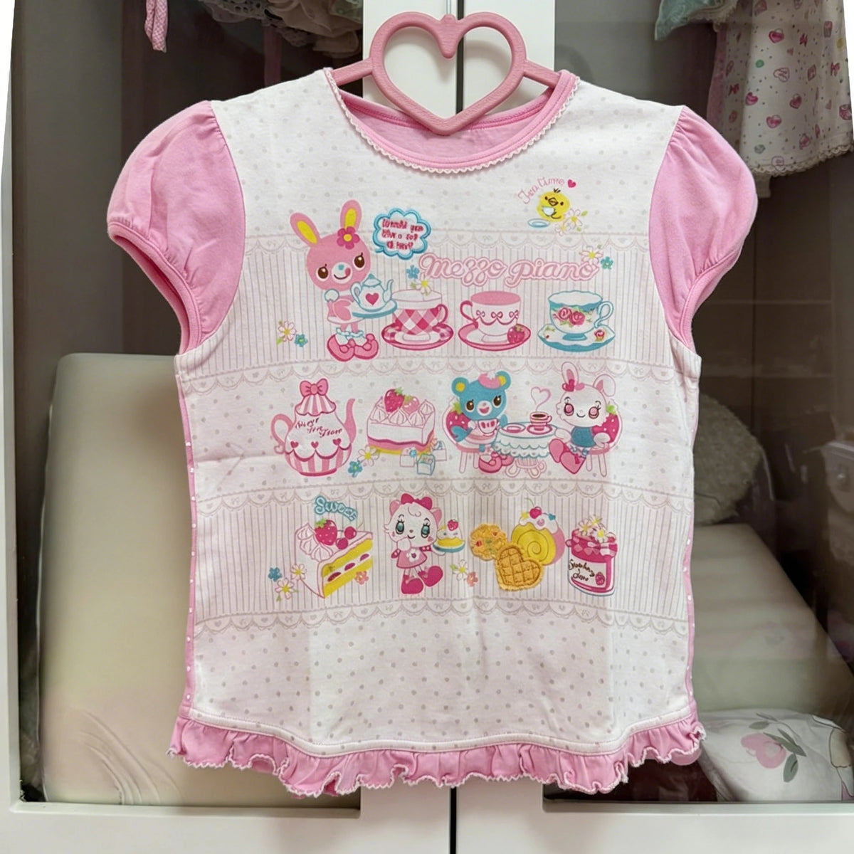 Blusa Estampada Kawaii Sweet Lolita para Mujer Manga con Volantes Encaje Camiseta con Ribete de Lazo Decoración Personaje de Dibujos Animados Estampado Integral Top Lindo