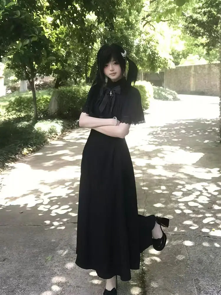 Gótico 2025 Verano Vestido de Encaje Delgado Mujer High Street Vintage Lazo Fino Vestidos Negros Mujer Diseño de Moda Nuevos Conjuntos Lisos