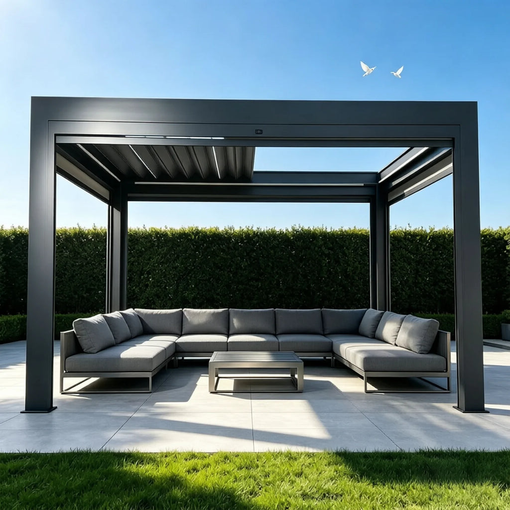 Motorized Retractable Outdoor Gazebo with Louvered Roof, Waterproof, Pressure & UV Resistant