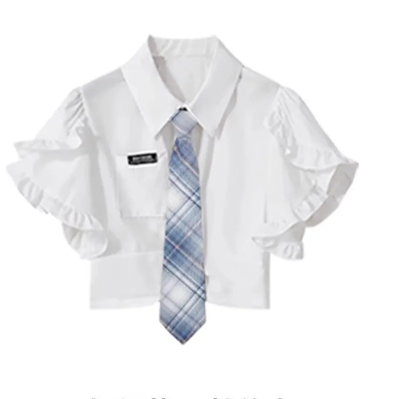 Short Sleeve Shirt Top + Short Pleated Skirt Two Piece Set