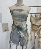 Tie-Dye Mesh Ruffle Edge Asymmetric Tube Top