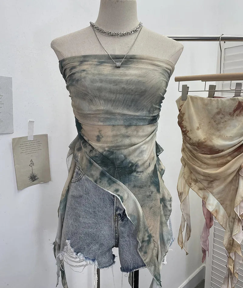 Tie-Dye Mesh Ruffle Edge Asymmetric Tube Top
