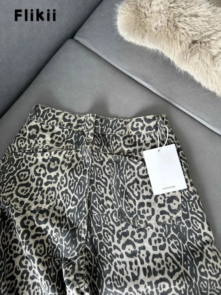 Pantalones vaqueros americanos vintage de leopardo de cintura alta para mujer, informales, años 2000, holgados, Y2K, pierna ancha, grunge, de calle, de mezclilla lavada