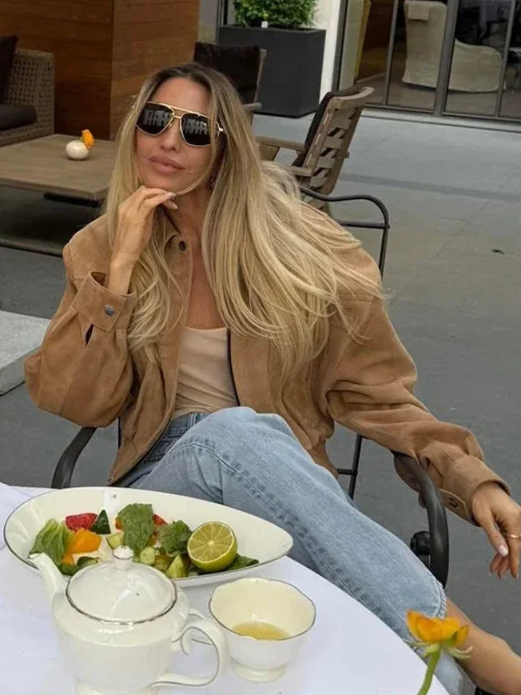Chaquetas Cortas Sólidas para Mujer Moda Solapa Cremallera Manga Larga Bolsillo Abrigo Corto Otoño 2025 Informal Streetwear para Mujer Nueva Prenda Exterior