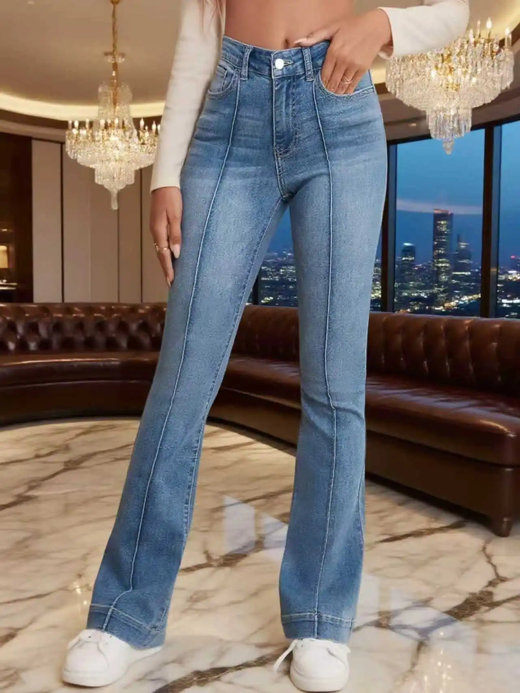 Vaqueros acampanados elásticos grises para mujer, detalle de costura francesa, diseño simple, versátil, corte de bota adelgazante, pantalones para mujer, vaqueros