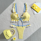 Ruffles Front Tie Lace Patchwork Bikini Set