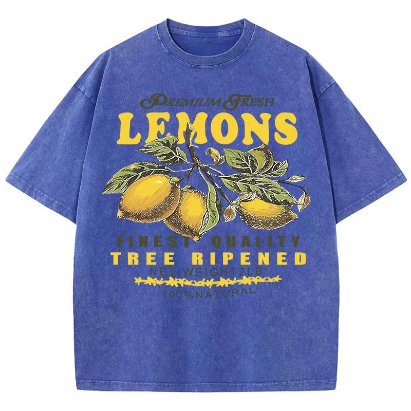 Premium Fresh Lemons Fruit Print Washed T-Shirt