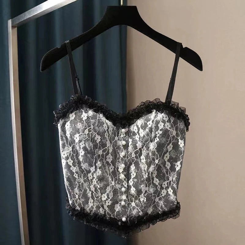 1 unidad de camiseta sin mangas corta con estampado francés de encaje para verano, corpiño, top tubo para mujer, elegante, entallado, chaleco corto, ropa de calle