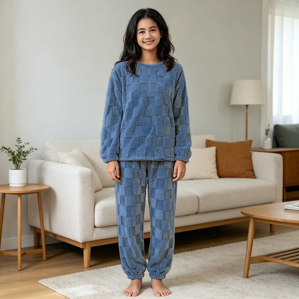 O-Neck Pullover Top + Plaid Loose Elastic Waist Pants Set