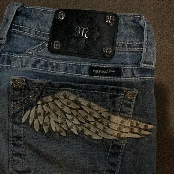 Rhinestone Angel Wings Washed Denim Jeans