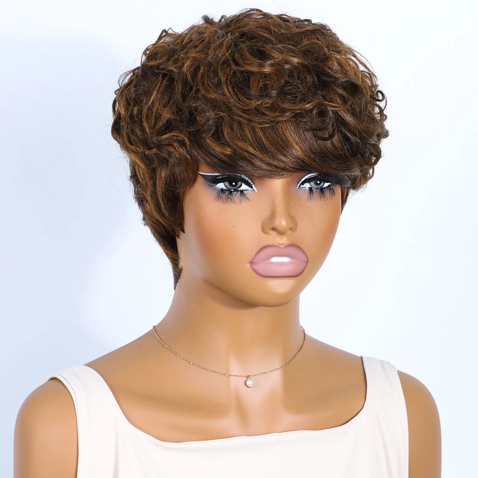 Mixed Brown Short Pixie Cut Curly 100% Human Hair Wig For Women Brazilian Remy Hair Colored Side Part Full Machine Wigs
