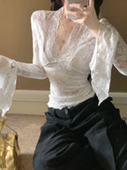 Lace Long Sleeve Plunge V-neck Bell-Sleeve Sheer Lace Crop Shirt