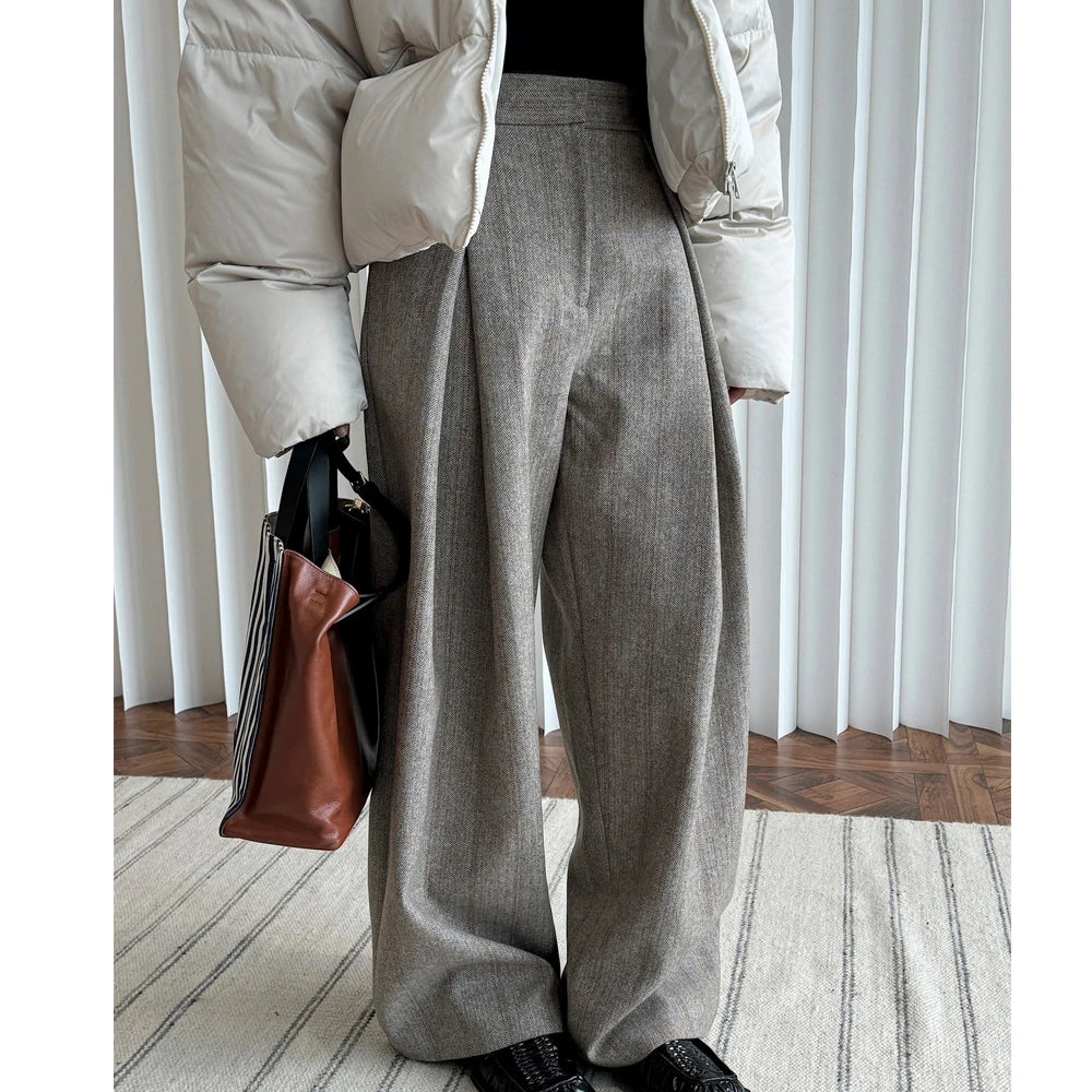 Pantalones de Moda de Mujer de Primavera de 80% Lana, Pierna Ancha, Cintura Alta, Rayas, Rectos, Ropa de Moda, Pantalones Femeninos