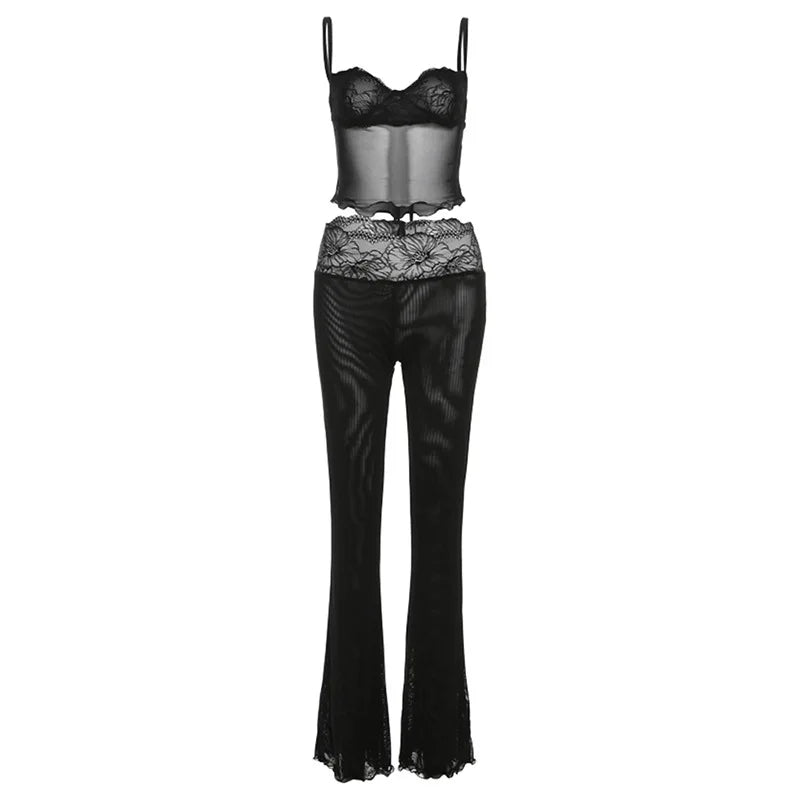 Lace Patchwork Leopard Print Sheer Mesh 2 Piece Set