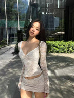 V Neck Long Sleeve Crop Top + Low Waist Mini Skirt Set