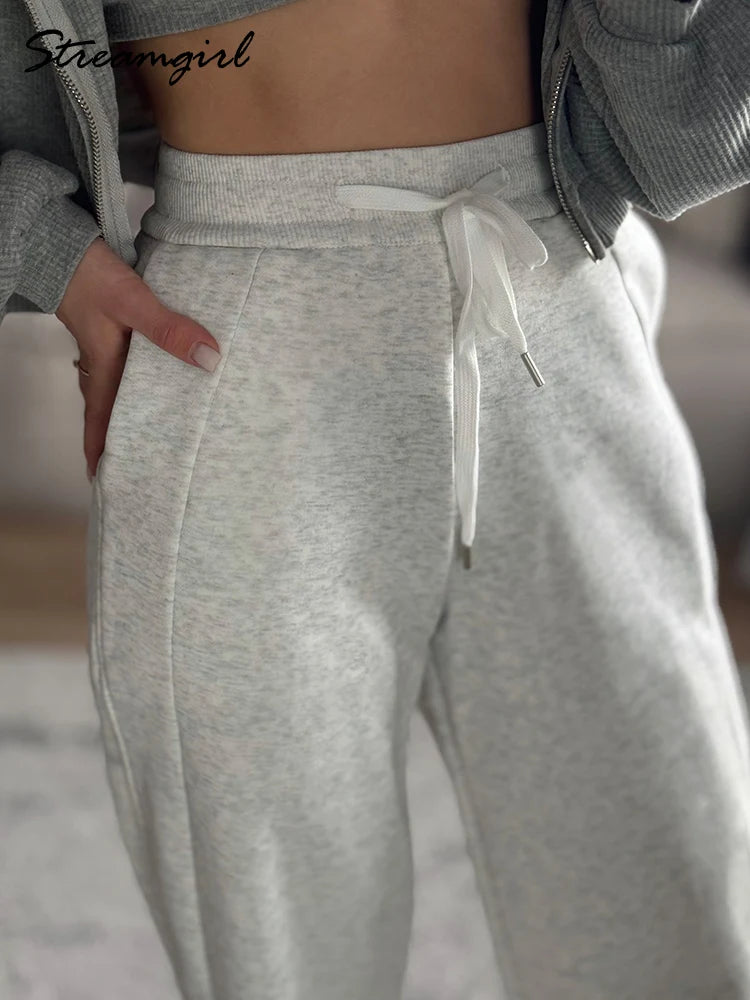 Pantalones de chándal grises para mujer, otoño, cintura alta, joggers, pantalones rectos, pantalones deportivos largos de mujer negros, otoño, pierna ancha
