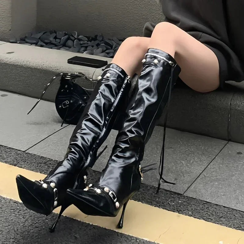 Tassels Side Zippers Pointed Toe Long Booties