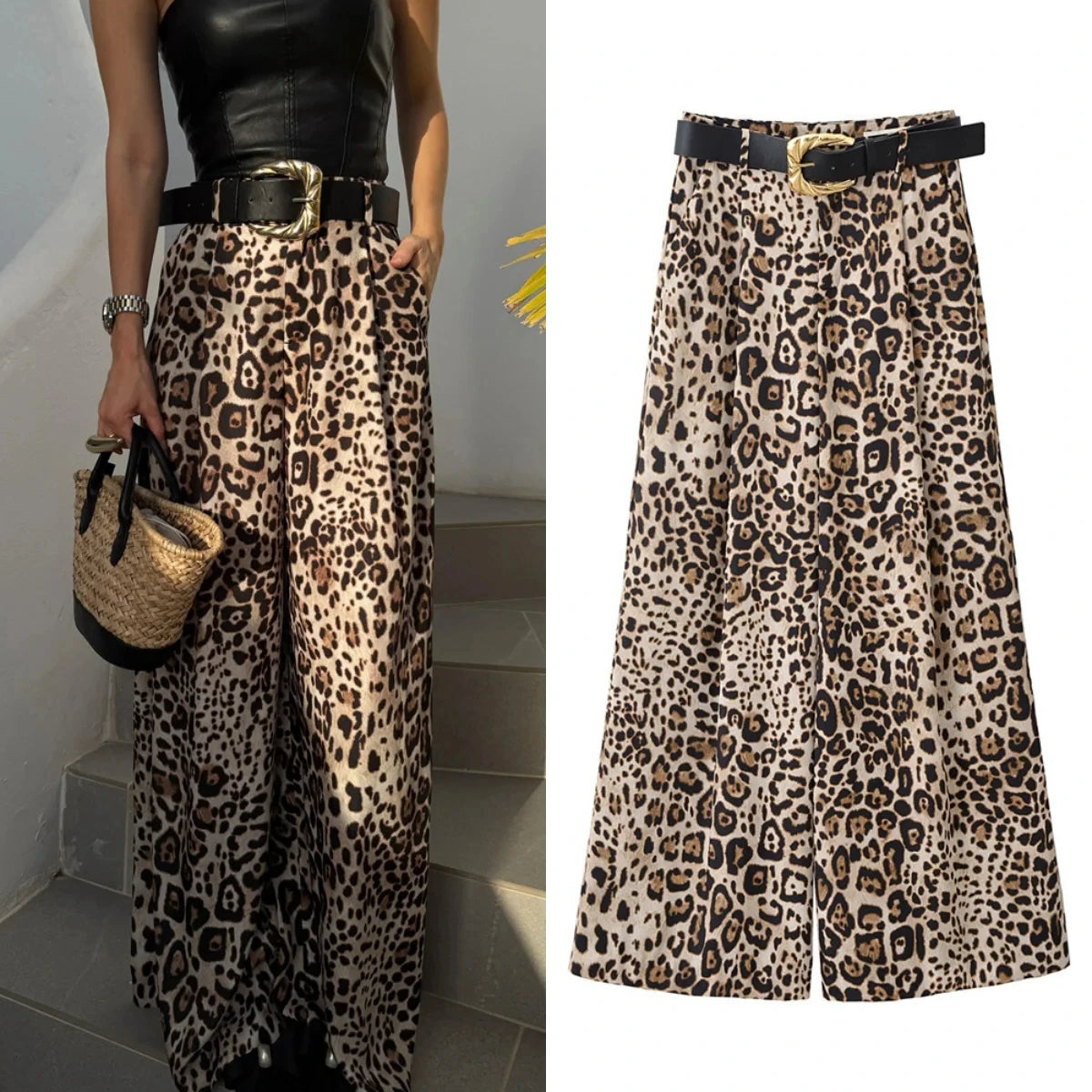 Pantalones anchos de mujer de talle alto con cinturón, ropa de calle elegante de verano, pantalones rectos sueltos informales para mujer, pantalones de satén con estampado de leopardo para mujer