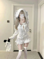 Rabbit Ear Hooded Lace Long Sleeve Sweatshirts Jacket + High Waist Cake Skirt