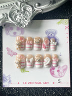Uñas Postizas Kawaii con Diseño 3D de Oso Cuadradas Cortas