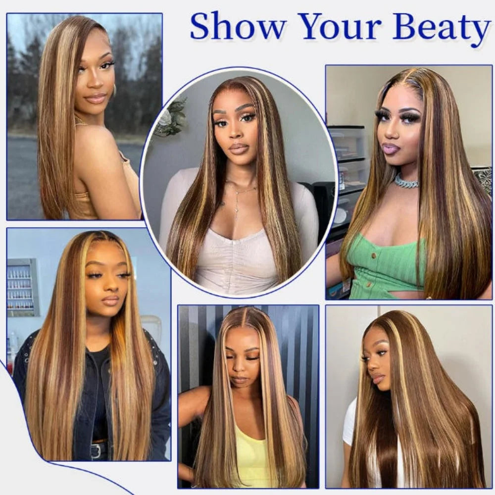 P4 27 34inch Colored Silky Straight Human Hair Wig 250 Density 13x4 Lace Forehead, High-Definition Transparent Full Lace Wig Pre Pulled and Bleached Hair Knots  No Glue Required  Suitable for Black Women