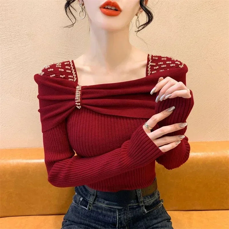 Beading Bow Square Collar Sweater