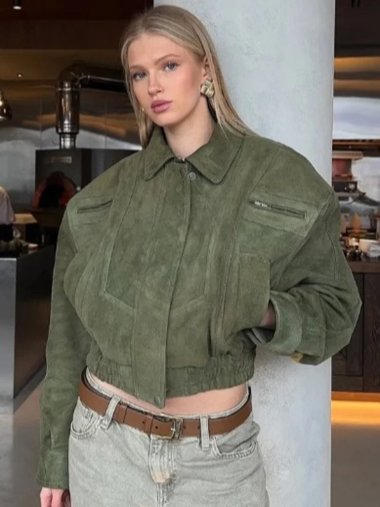 Chaquetas Cortas Sólidas para Mujer Moda Solapa Cremallera Manga Larga Bolsillo Abrigo Corto Otoño 2025 Informal Streetwear para Mujer Nueva Prenda Exterior