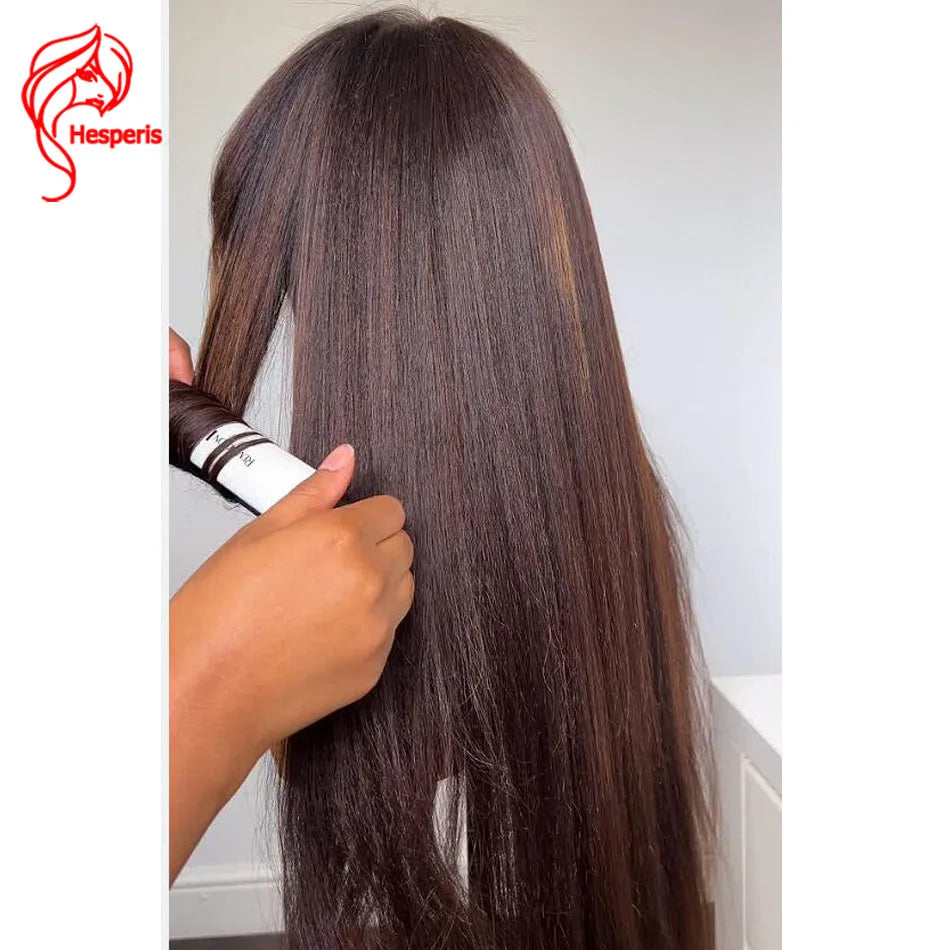 Blonde Highlight Human Hair Wig With Bangs Italian Yaki Straight Full Machine Made Wig Brown Kinky Striaght Brown Wavy