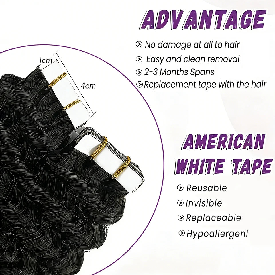 Deep Wave Tape In Hair Extensions Human Hair Brazilian Adhesive Invisible Curly Tape In Extensions Human Hair Natural Black #1B