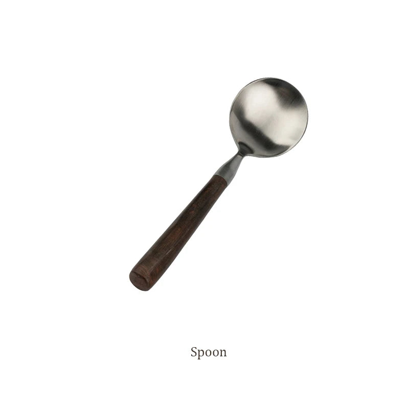 Retro Wooden Handle Dinner Knife Fork and Spoon Set