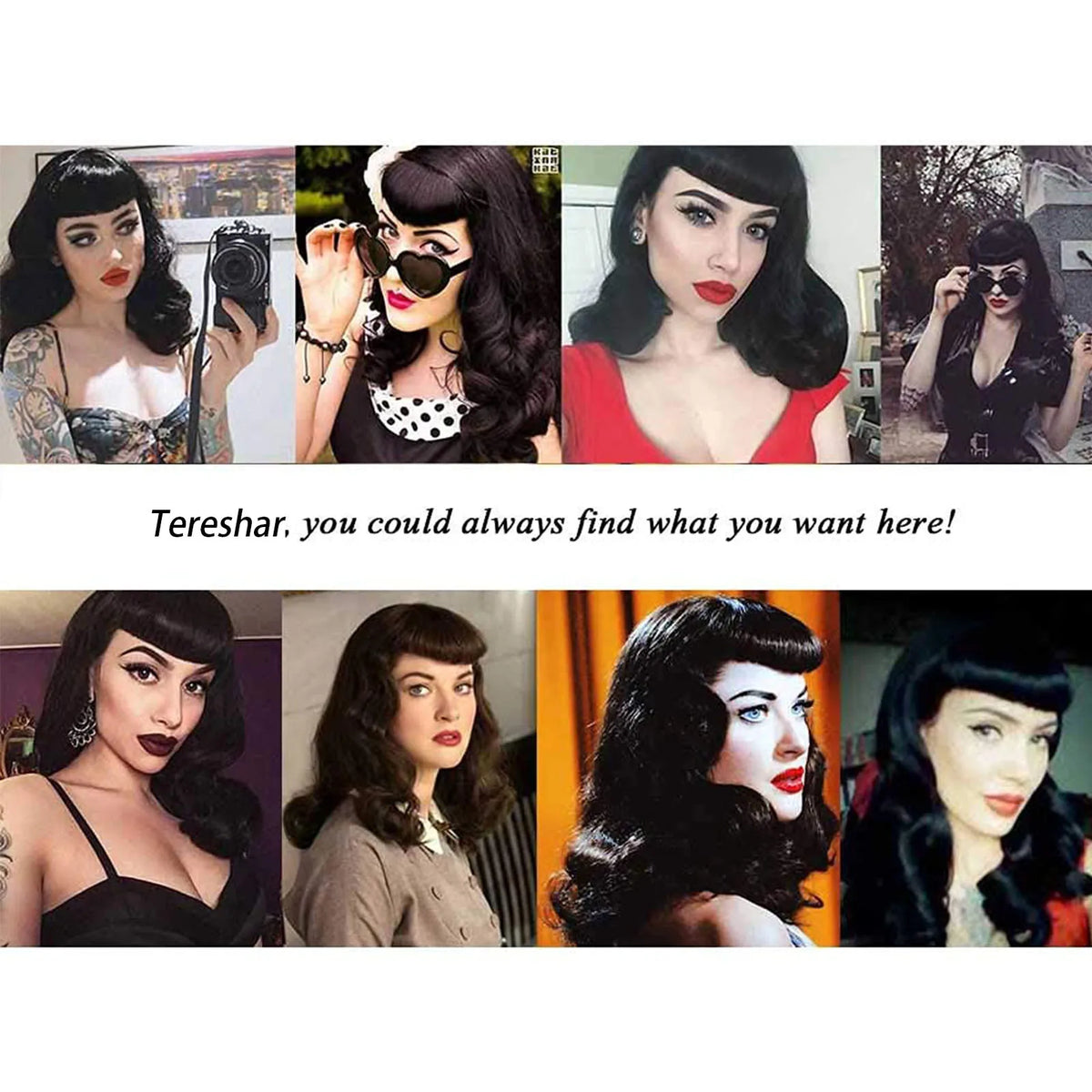 Tereshar Synthetic Rockabilly Vintage Wigs for Women Short Black Wig with Bangs Heat Resistant Short Curly Bettie Page Wig