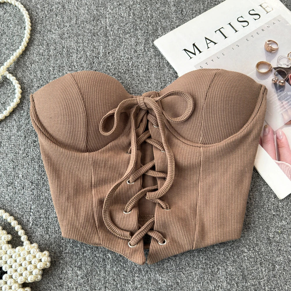 Tops sin espalda para mujer, nueva llegada, cuello tipo slash, sujetador incorporado, ombliguera, con cordones, camisola ajustada, verano, vintage, gallus, dropship