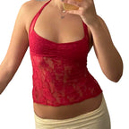 Camiseta sin mangas de encaje para mujer, unicolor, elegante, básica, de flores, tipo vaina, con abertura, sexy, ajustada, informal, de verano, con cuello en V, sin mangas, estilo urbano.