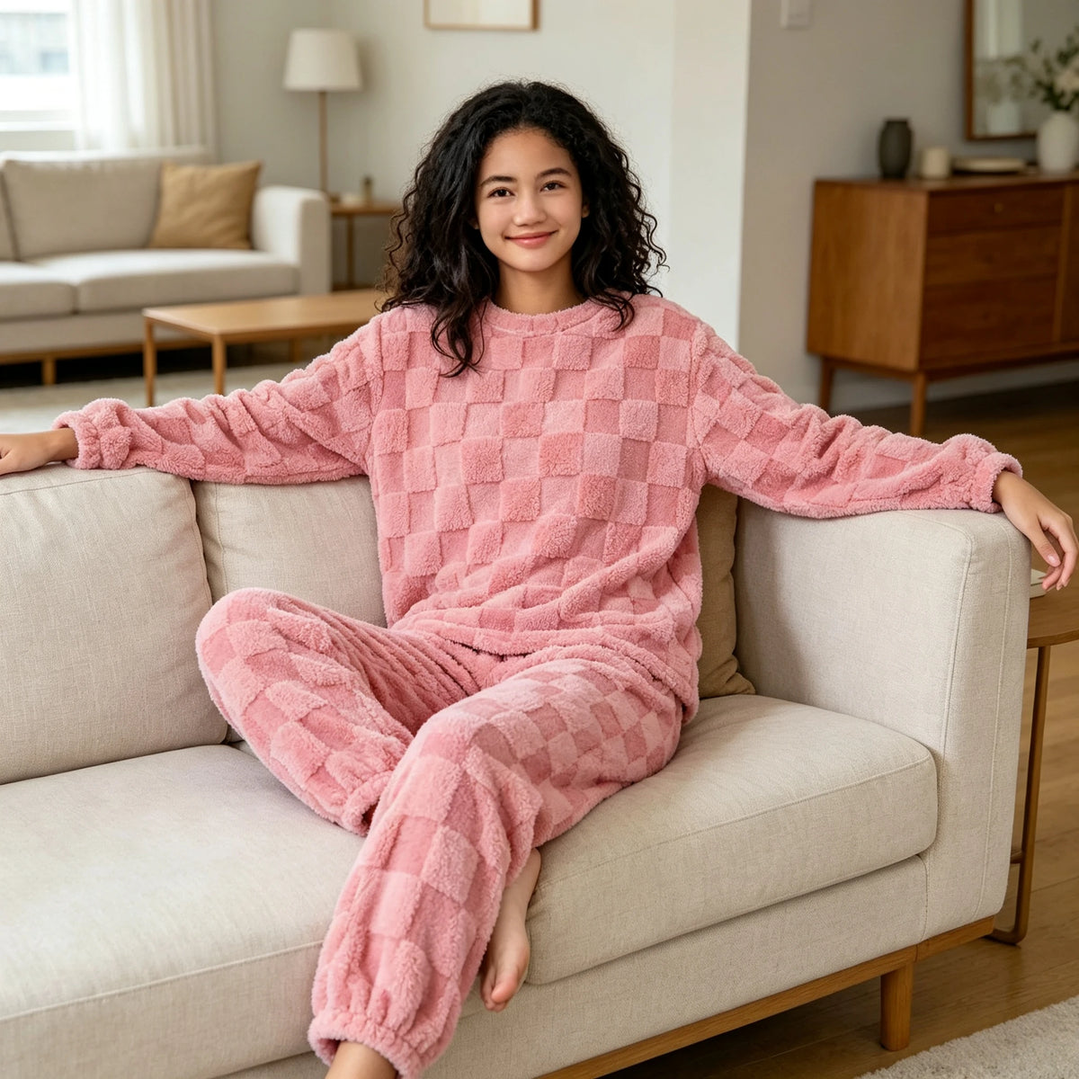 O-Neck Pullover Top + Plaid Loose Elastic Waist Pants Set