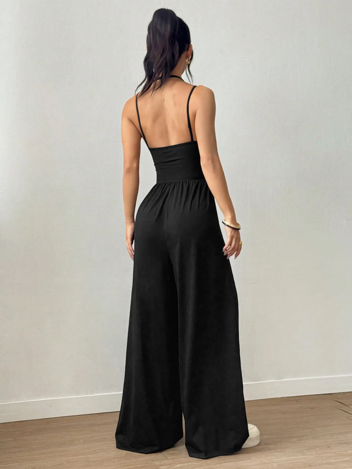 Casual Simple Suspender Sleeveless High Waist Backless Loose Jumpsuit