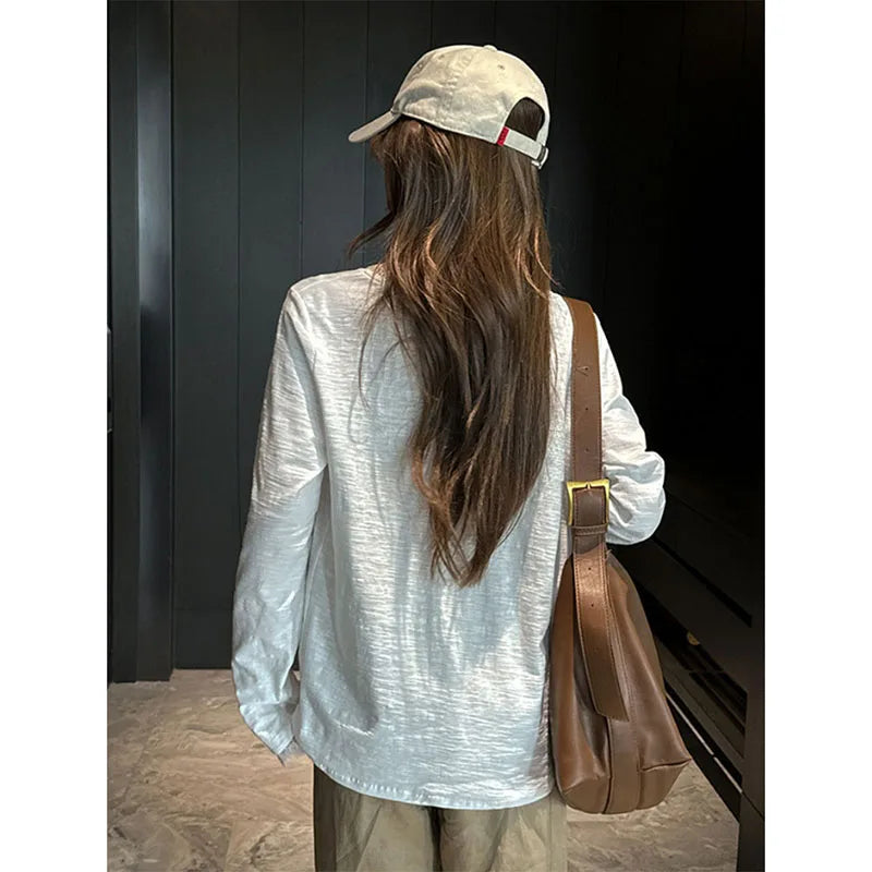 Camiseta Holgada de Talla Grande para Mujer, Negra, Blanca, Otoño, Encaje Suave, Cuello en V, Camiseta Coreana Urbana de Manga Larga, Jersey