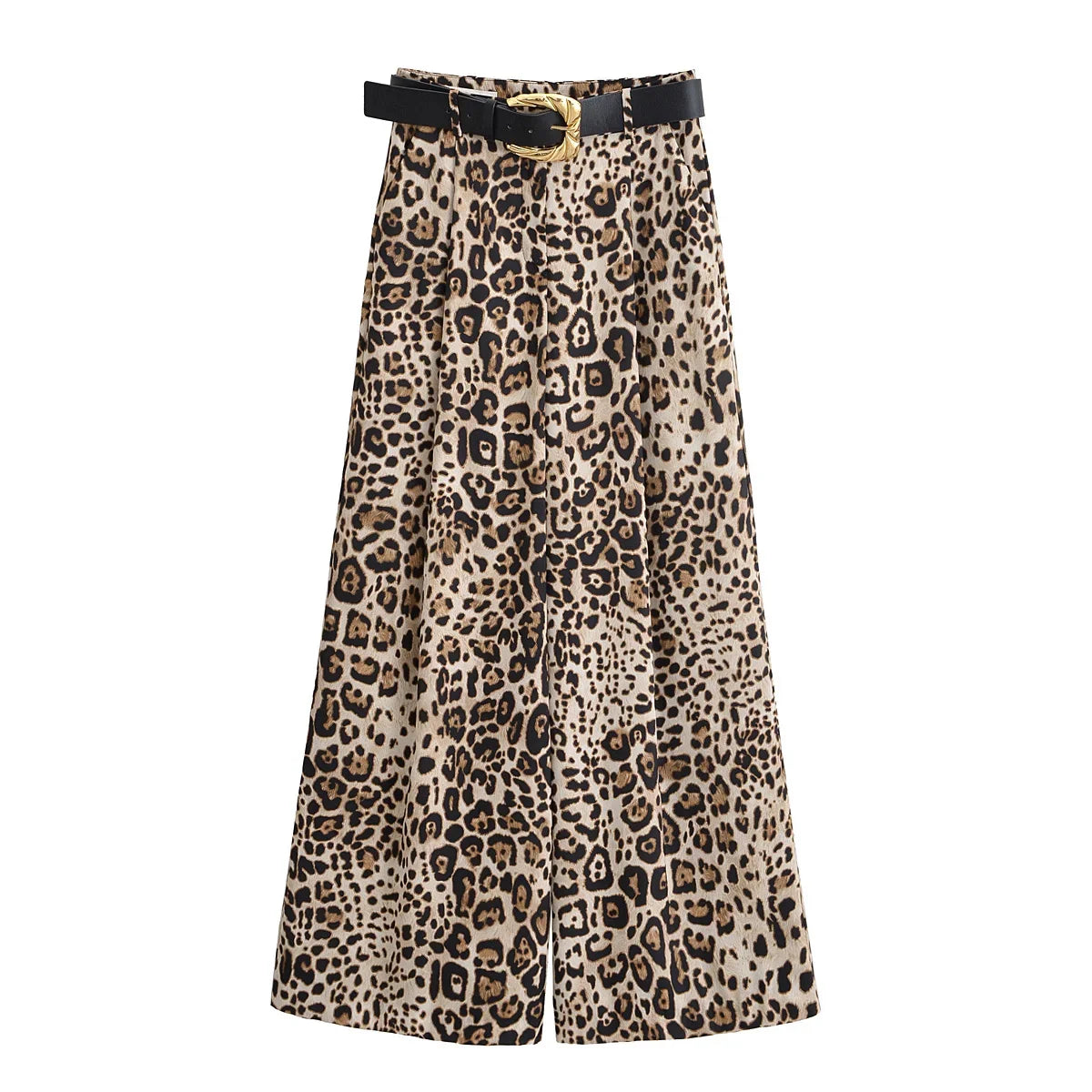 Pantalones anchos de mujer de talle alto con cinturón, ropa de calle elegante de verano, pantalones rectos sueltos informales para mujer, pantalones de satén con estampado de leopardo para mujer